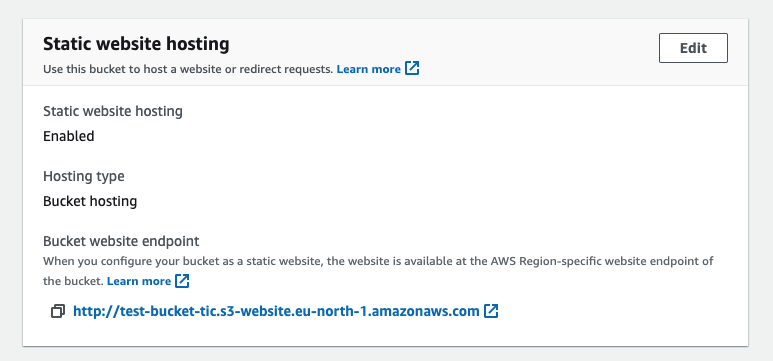 Static website hosting enabled